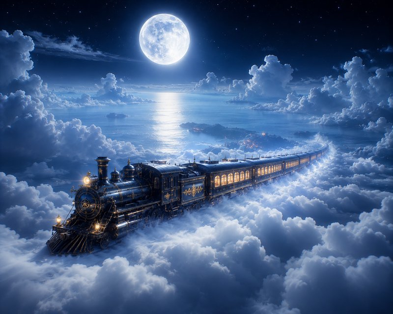 Vintage steam locomotive sailing above fluffy clouds under a bright full moon