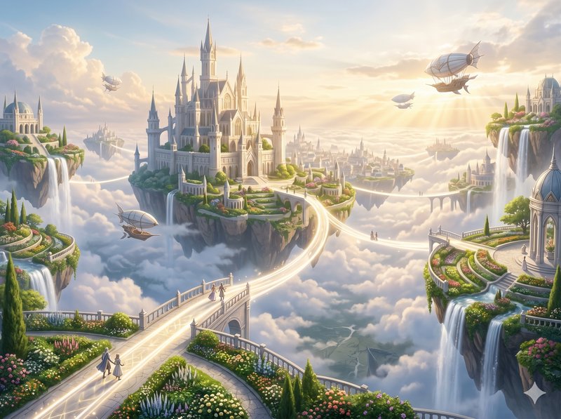 Fantasy floating castles in the sky connected by glowing bridges above clouds with airships.