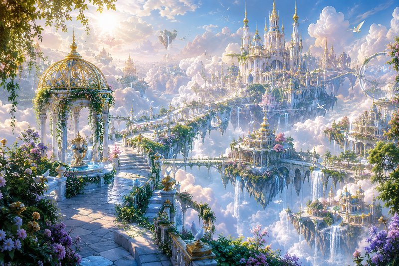 Fantasy floating city with golden domes, bridges, and lush gardens above the clouds