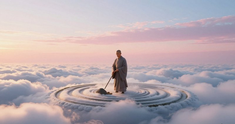 A monk in robes stands on a circular ripple in the clouds at sunset.