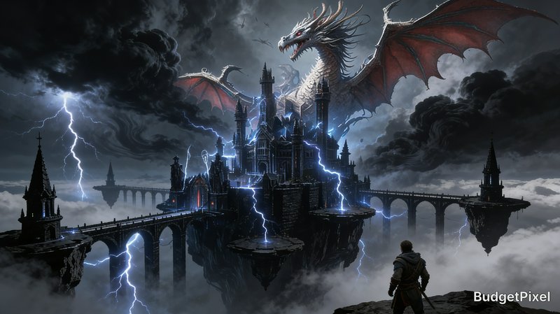 Dragon above a floating gothic castle during a lightning storm, with a lone figure on a cliff.