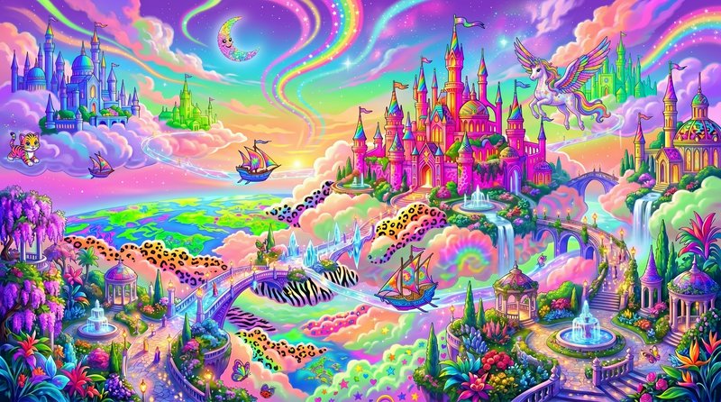 Vibrant fantasy cityscape with castles, rainbow skies, and flying creatures over a colorful dream...