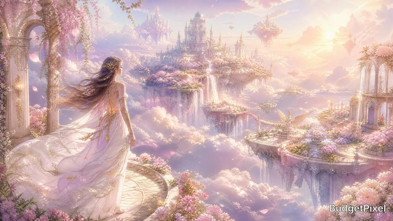 Woman in a flowing white gown on a balcony above pink clouds in a fantasy floating city.