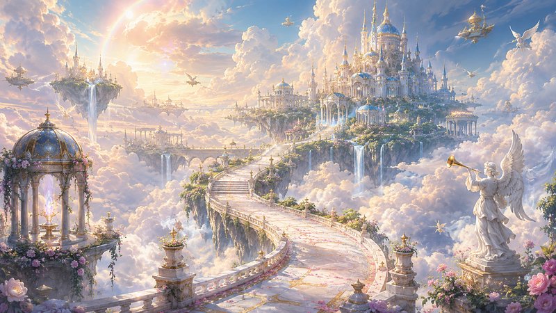 Fantasy floating palace above clouds with bridges, angels, and gardens.
