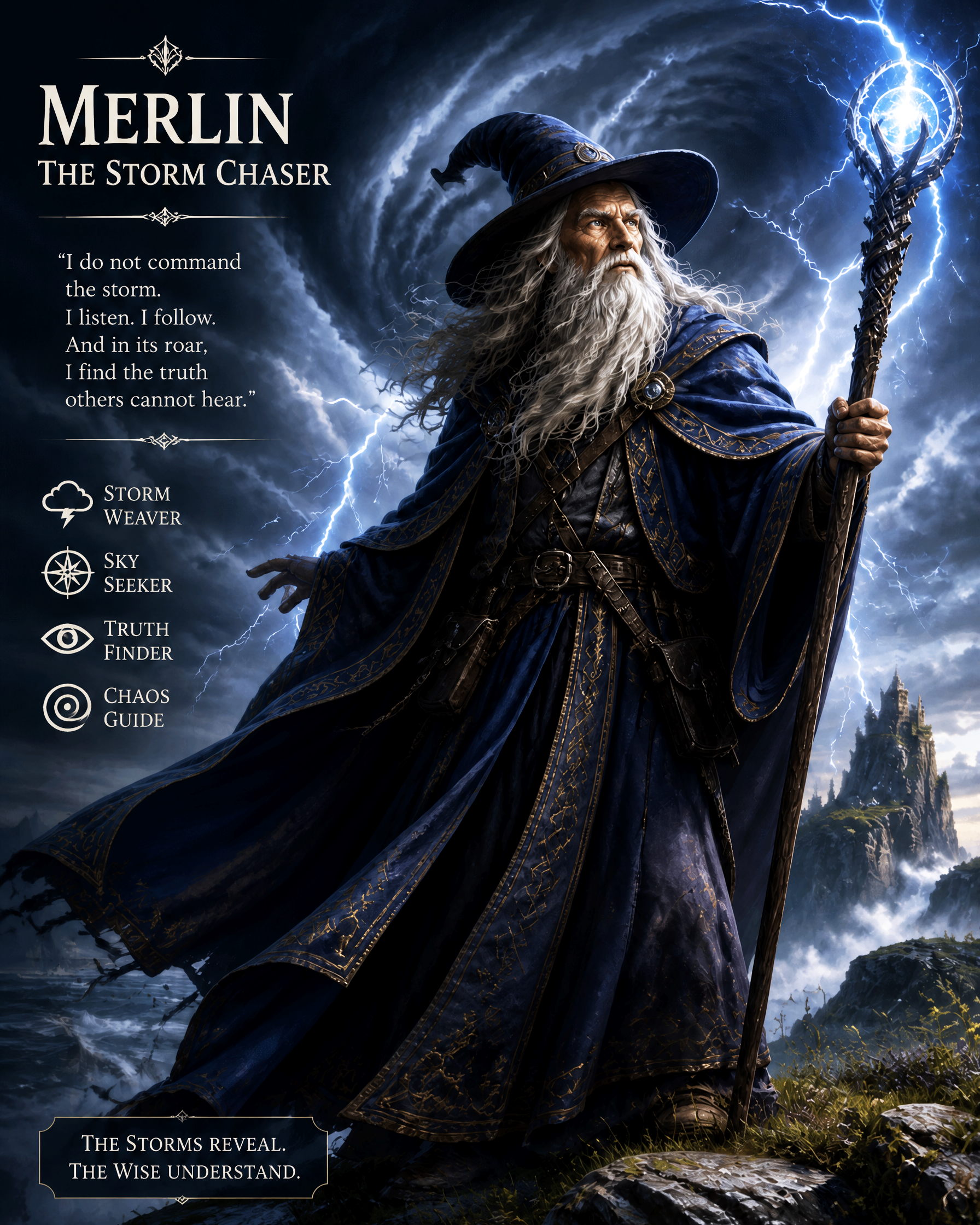Merlin the Storm Chaser wizard wielding a lightning staff amid a dark stormy sky.