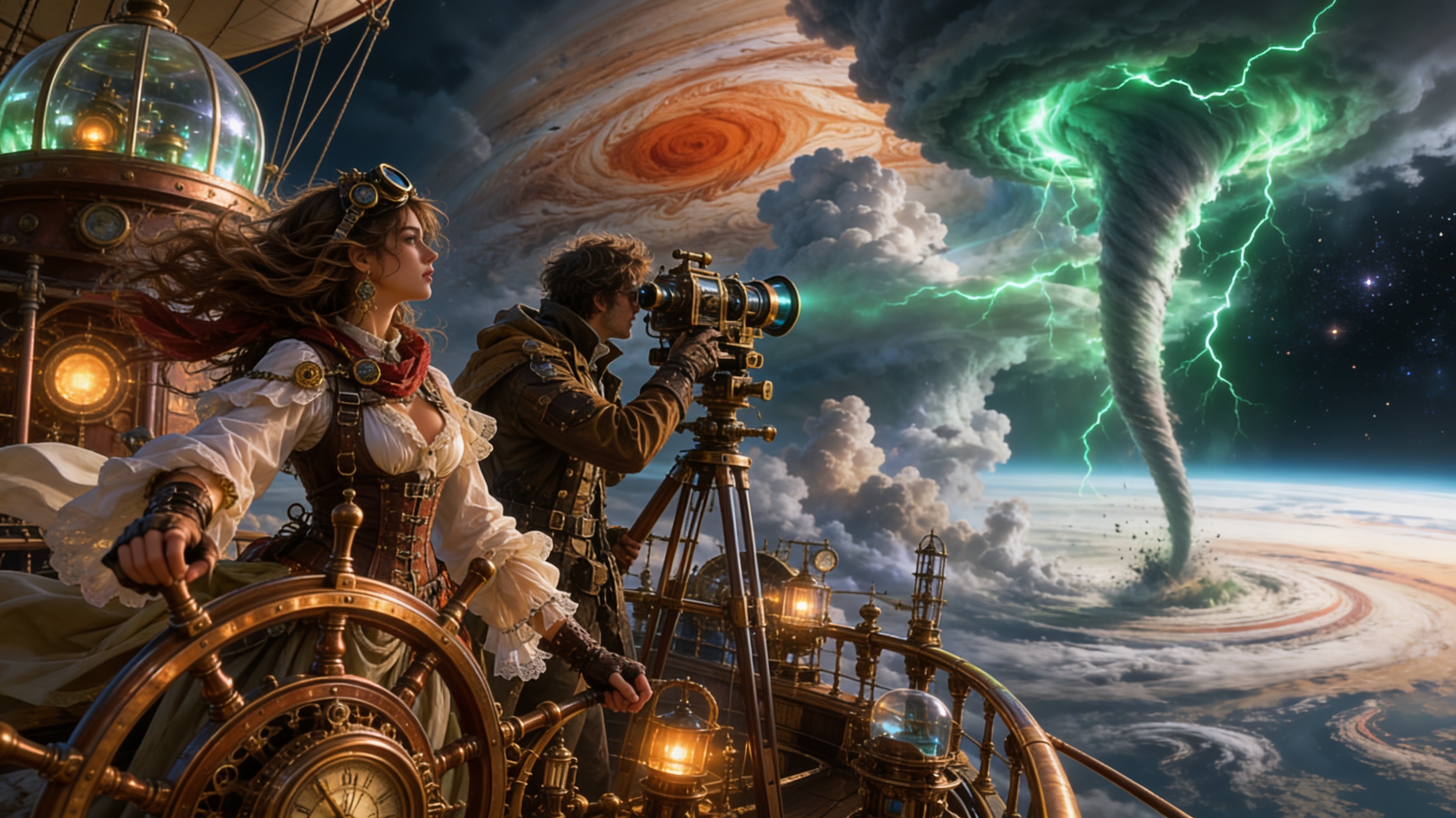 Steampunk duo on a brass airship watching a tornado vortex and green lightning above a distant planet.
