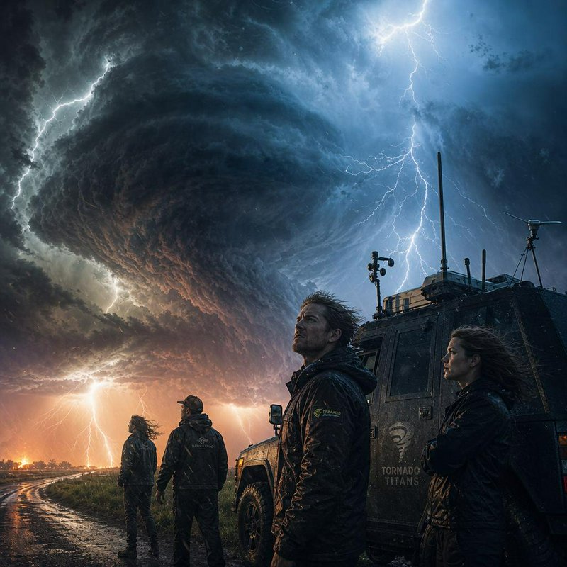 A dramatic storm with a massive funnel-cloud and lightning, soldiers beside armored vehicle on a desolate road.
