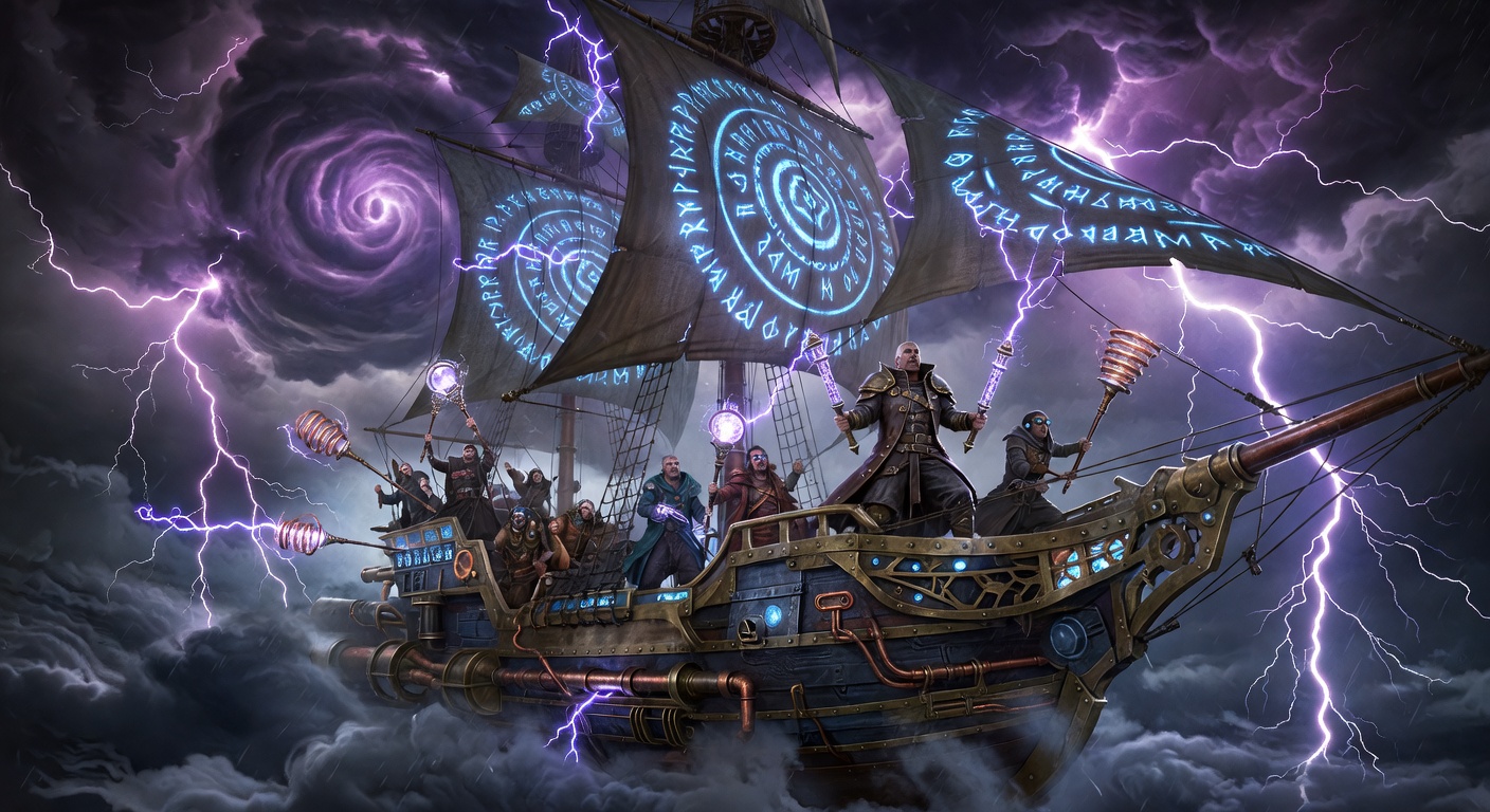 Dark fantasy airship with glowing runes amid stormy skies and jagged lightning.