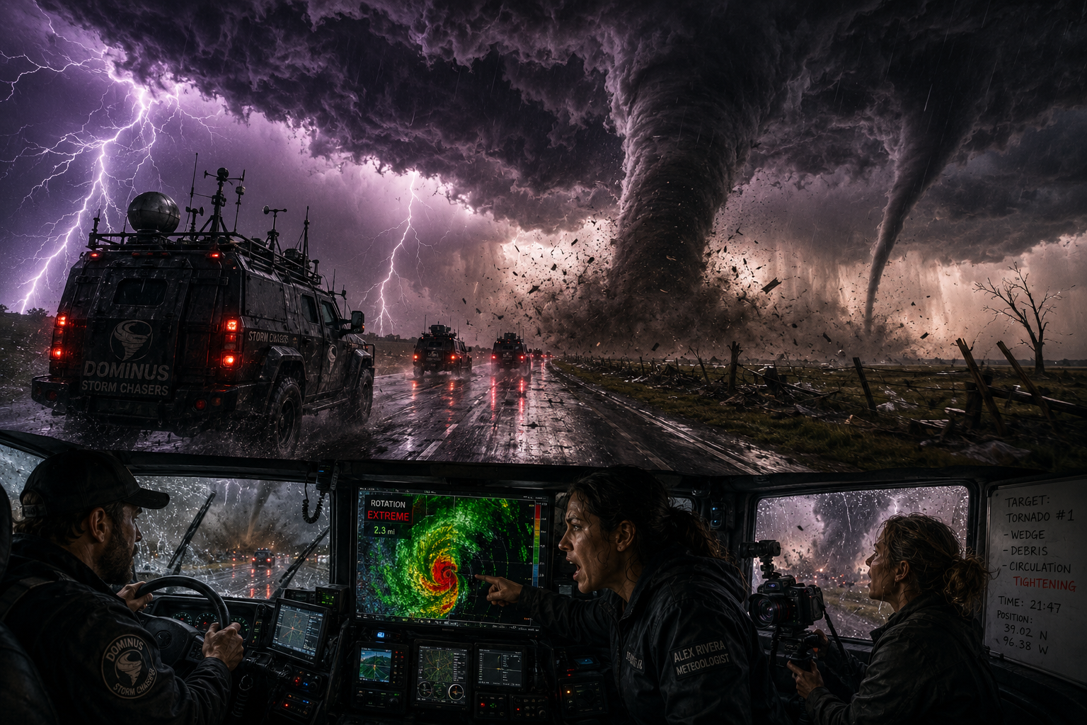 Storm chasers in a rugged vehicle as a massive tornado funnels over a lightning-lit road.