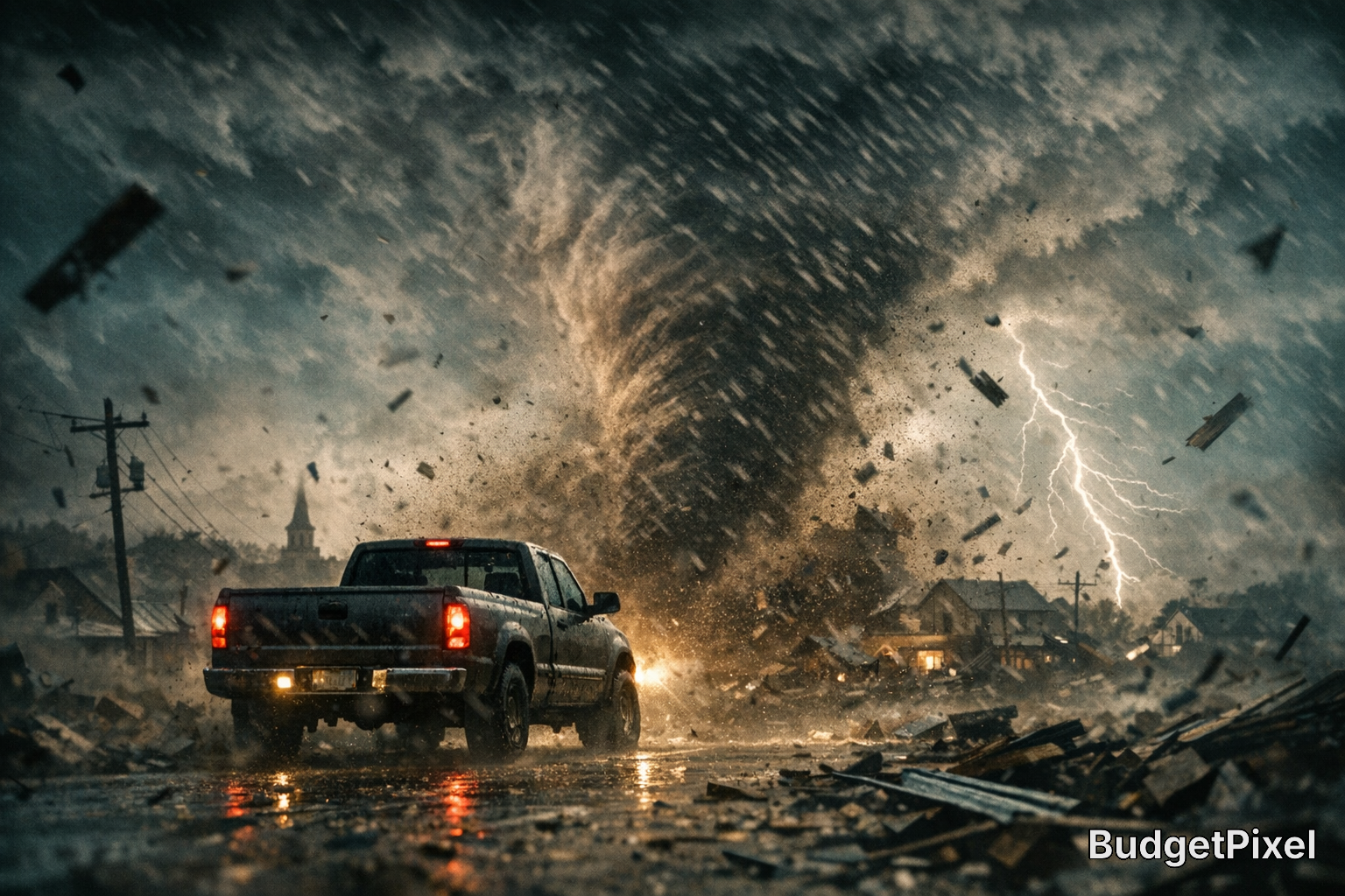 Pickup truck on a debris-filled street as a tornado and lightning swirl through a stormy town.