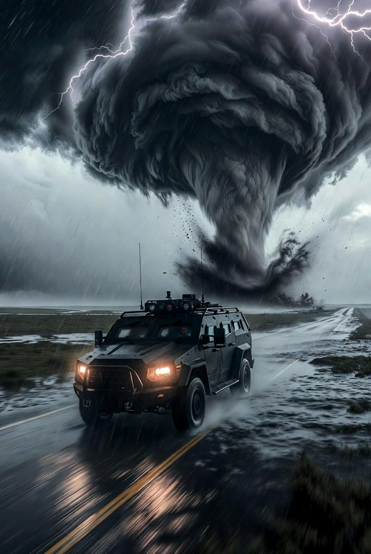 A military armored vehicle drives on a flooded road as a massive tornado roils in the stormy back...