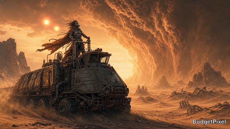 Post-apocalyptic armored vehicle in a desert storm with a lone warrior on top.