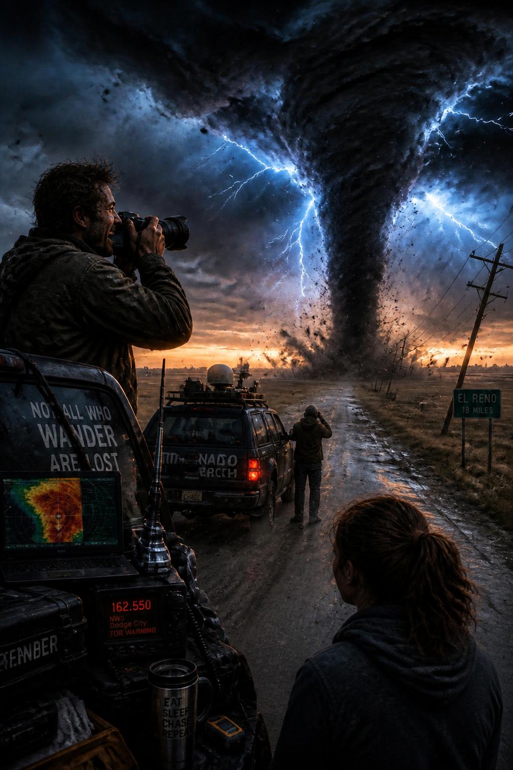 Tornado striking a rural road as a film crew shots the storm with cameras and trucks nearby.