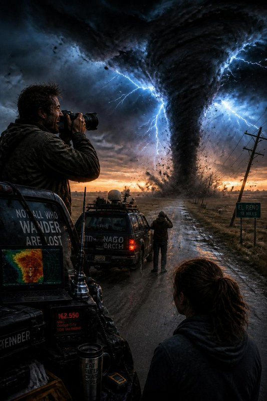 Tornado striking a rural road as a film crew shots the storm with cameras and trucks nearby.