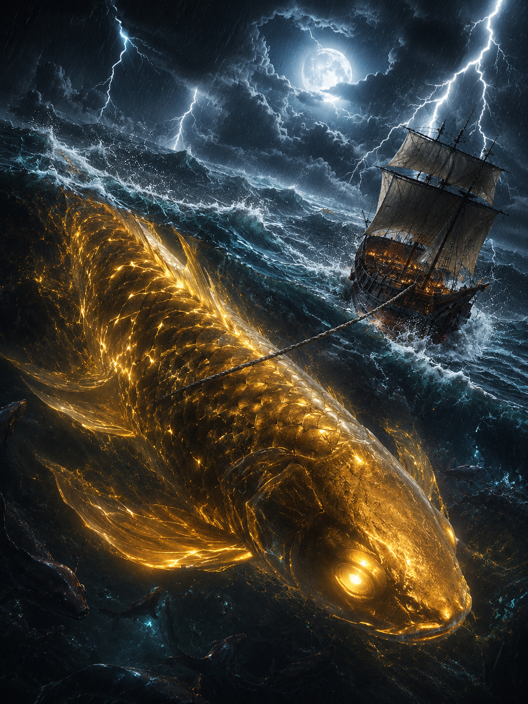 Giant glowing golden fish entangled with a sailing ship in a moonlit, stormy sea.