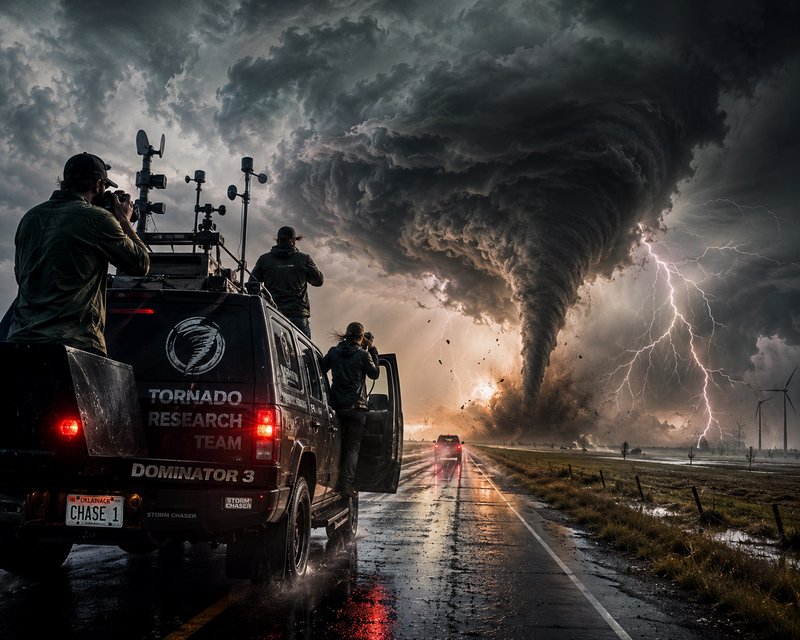 Storm chasers on a research van watching a massive tornado swirl with lightning.