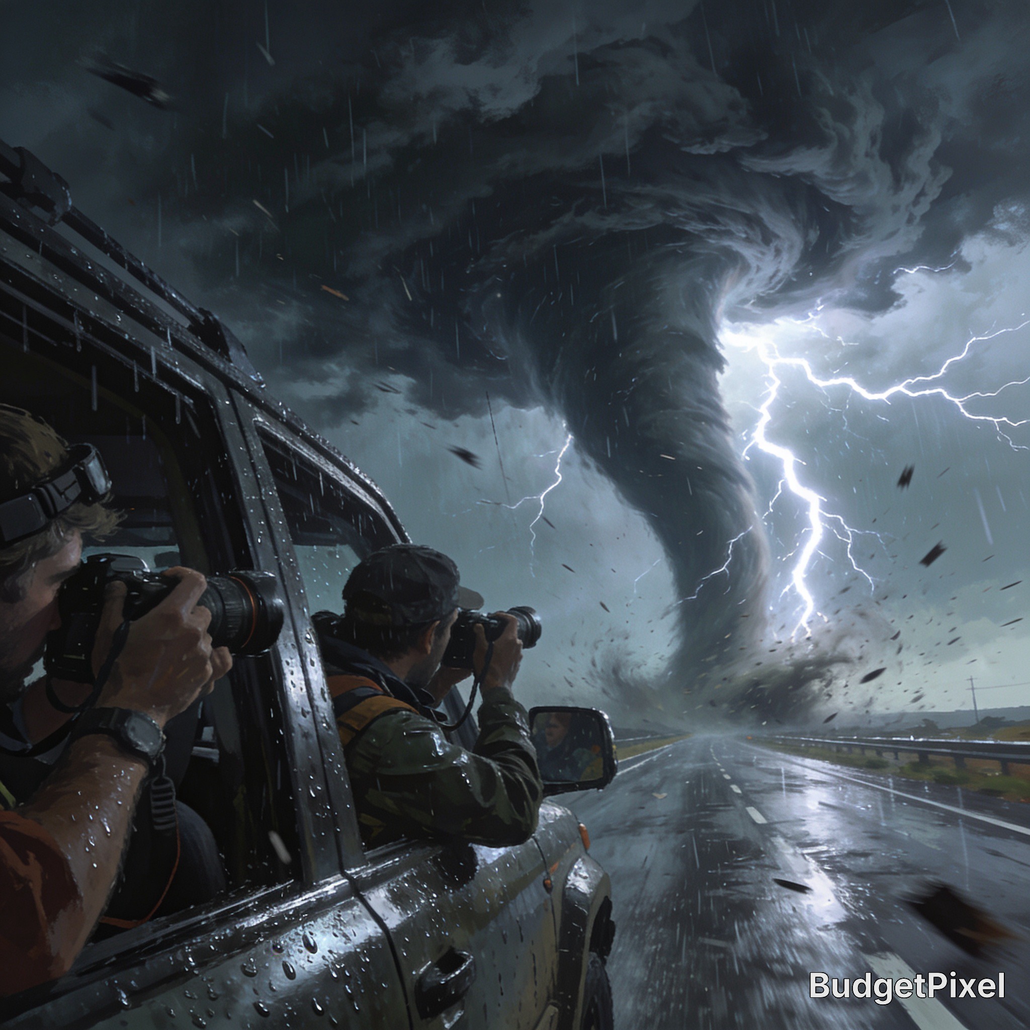 A dramatic tornado swirls near a highway as storm chasers photograph with cameras from a rain-splattered truck.