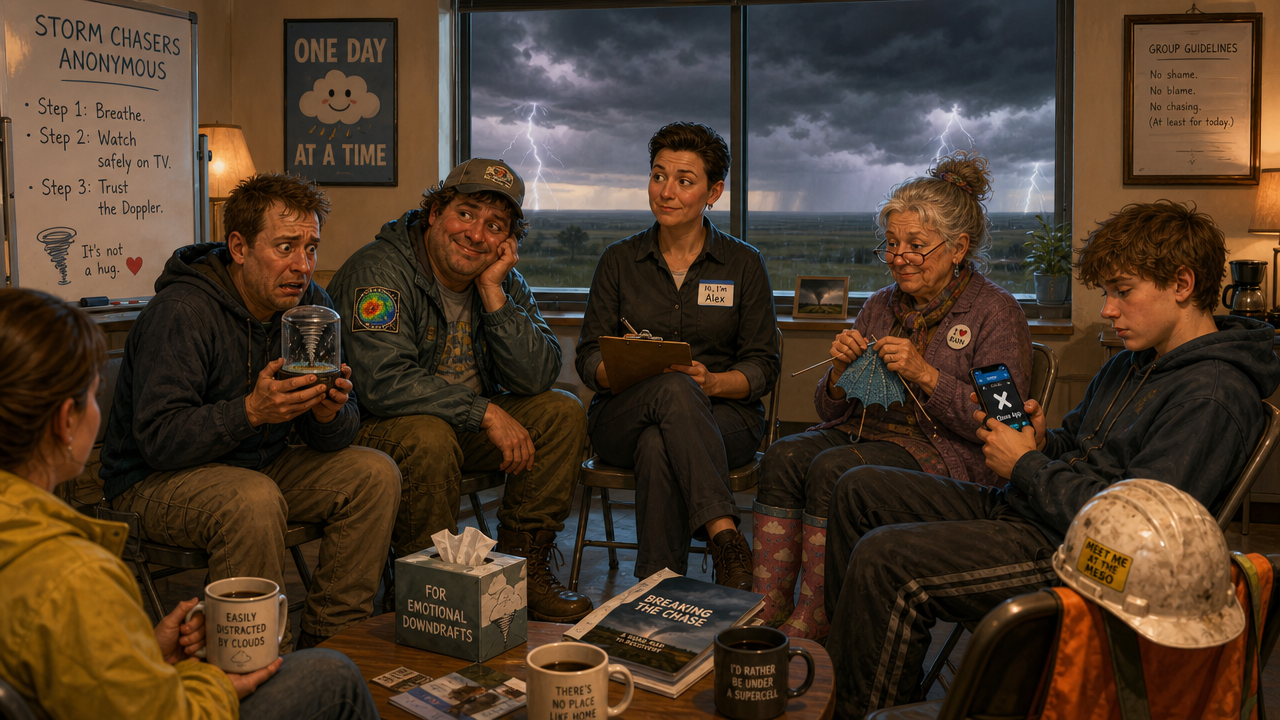 Group of diverse adults in a circle during a storm-chasers support meeting indoors, with a stormy window view.