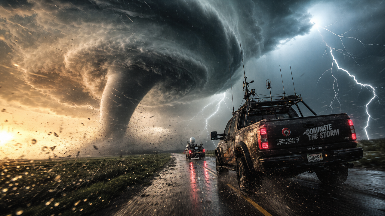 Tornado on a rural highway with storm-chasing trucks beneath a swirling dark sky and bright lightning.