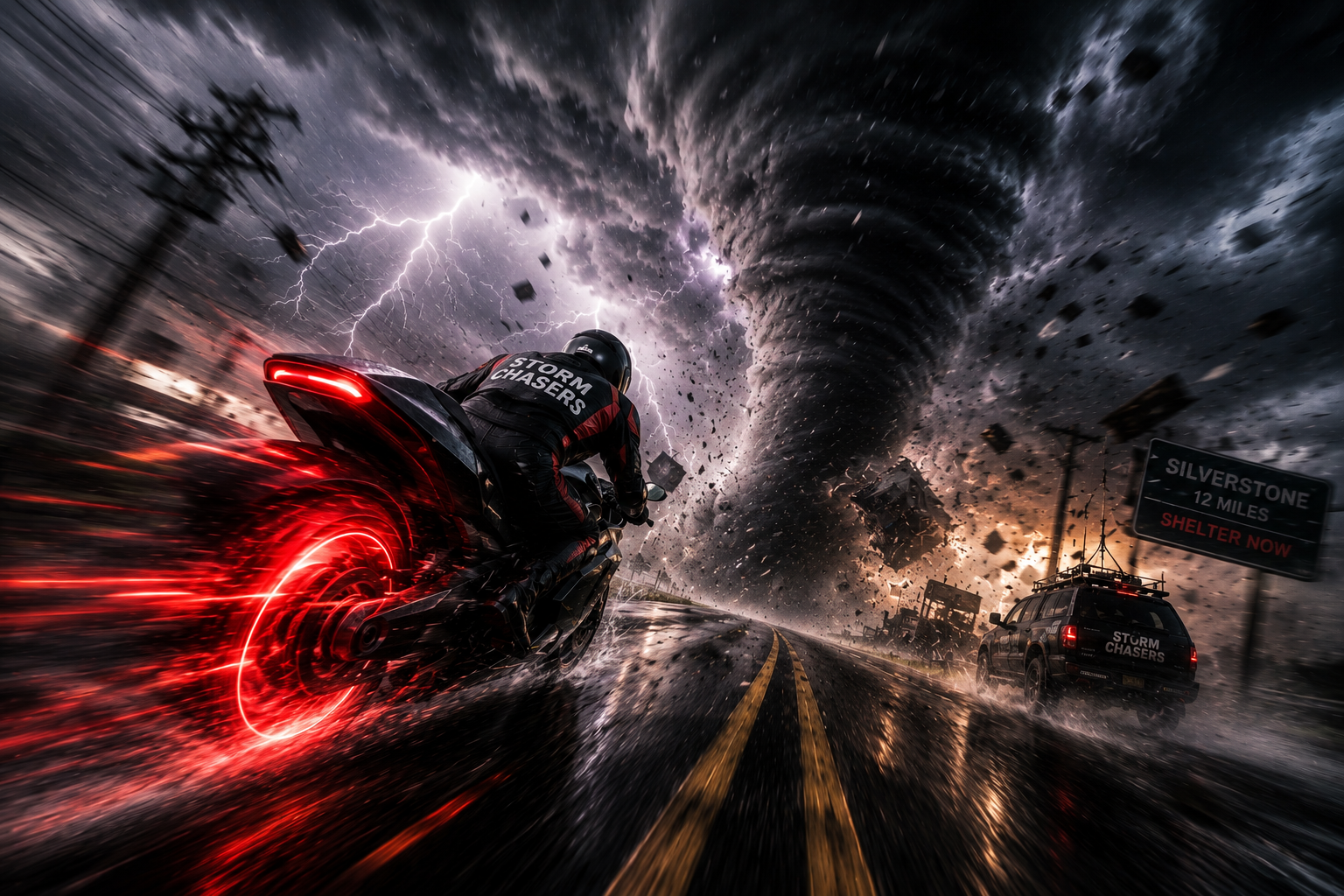 Motorcycle storm chasers ride on a highway as a massive tornado roars behind them.