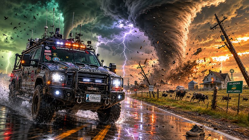 Armored chase truck racing through rain as a massive tornado twists across a rural Oklahoma lands...