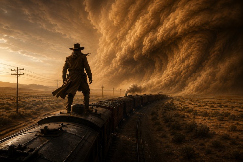 Cowboy standing on a steam locomotive at dusk as a colossal dust storm looms in the desert.