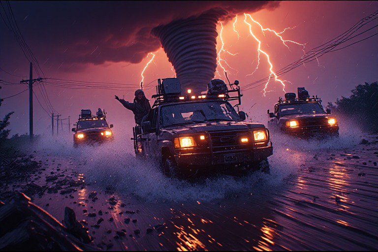 A convoy of rugged off-road vehicles drives through a floodlit storm as a tornado funnels overhea...
