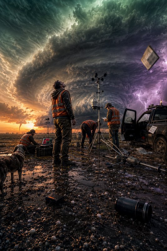 Field researchers in safety vests set up weather instruments under a dramatic swirling storm clou...