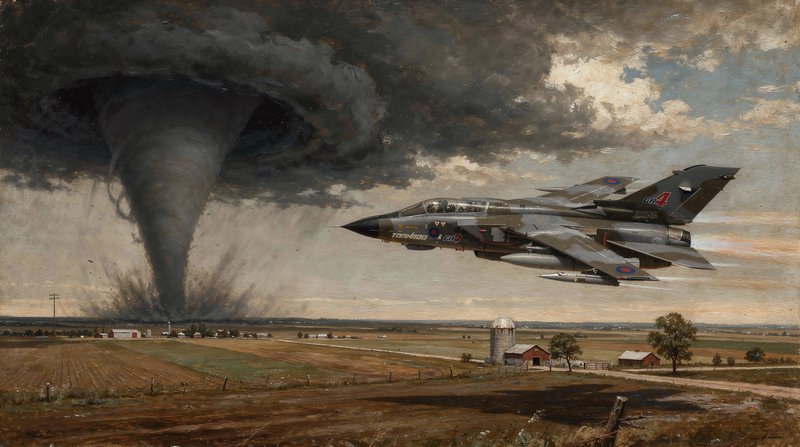 Panavia Tornado fighter jet skimming a rural landscape as a massive tornado funnels above the fie...