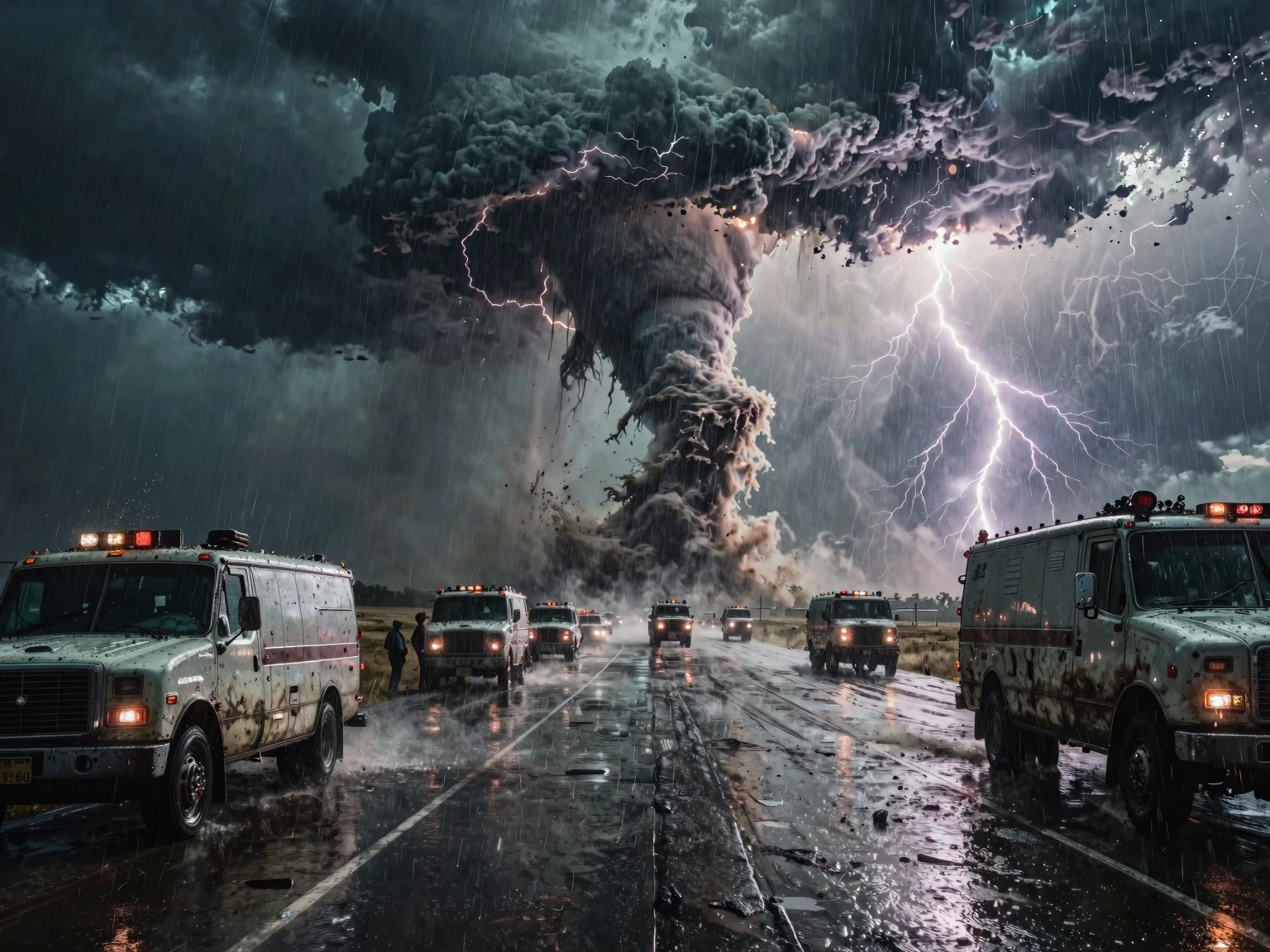 Massive tornado on a flooded highway amid a thunderstorm with emergency vehicles.