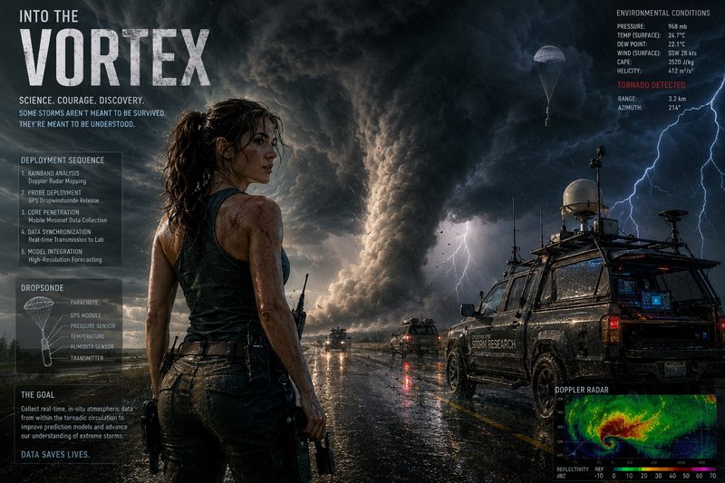 Woman in rugged gear watches a devastating storm with a research vehicle and lightning-filled sky.