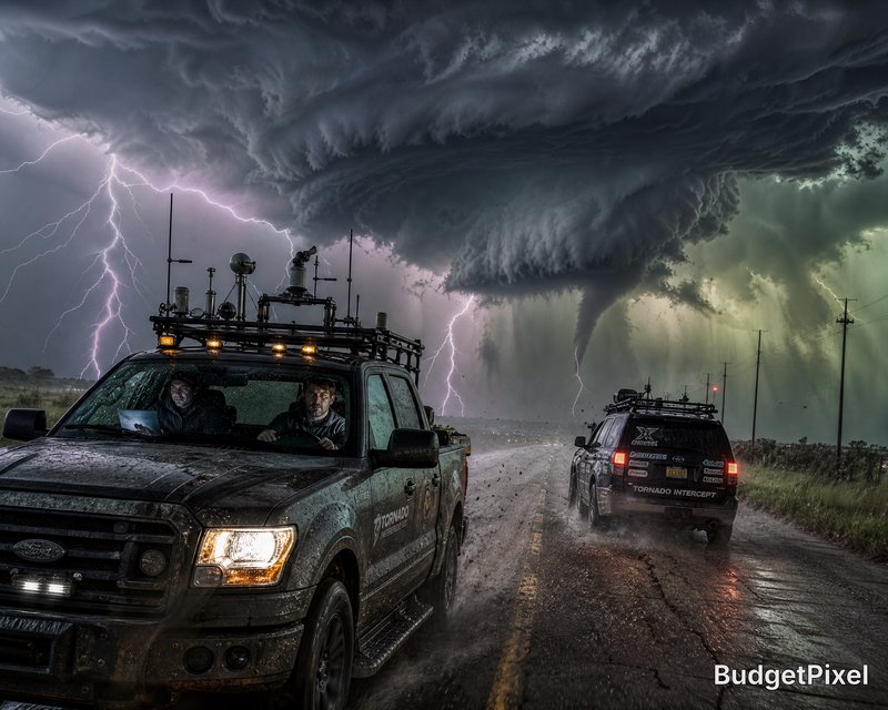 Storm-chasing trucks on a wet road under a massive shelf cloud with dramatic lightning.