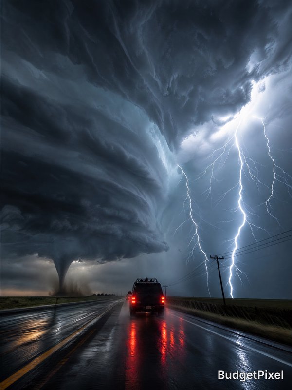 Massive shelf cloud with a tornado-like funnel and bright lightning over a wet highway at night