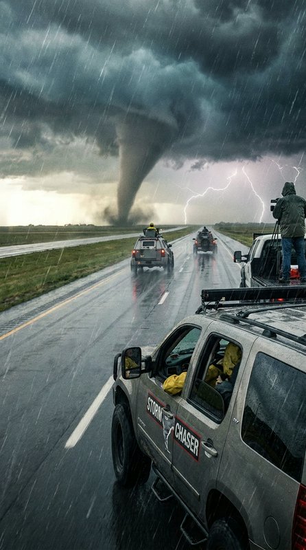Tornado on a rainy highway with storm chasers and vehicles watching the funnel.