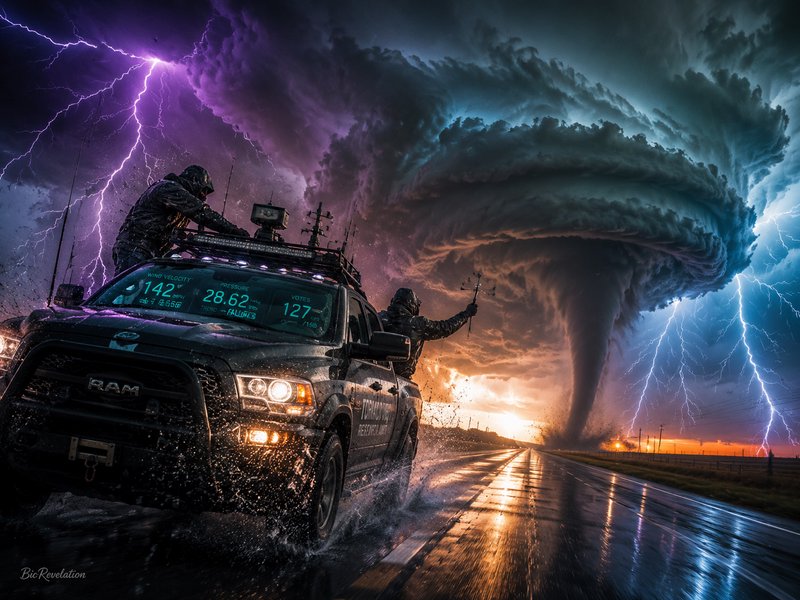 Storm chasers in a RAM pickup chase through rain as a massive tornado forms under lightning.
