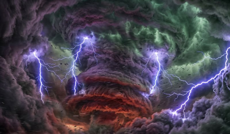 Dramatic storm clouds with bright blue lightning surrounding a towering red-orange tornado-like p...