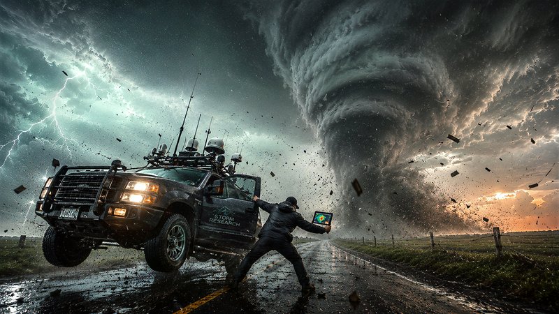 Dramatic storm-chase scene with a rugged research truck and a person pushing a tablet toward it o...