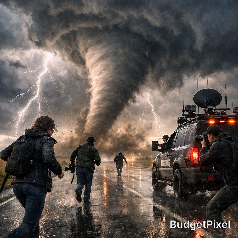 Tornado funnel on a stormy road as journalists and a news SUV chase to filmfrontline weather cove...