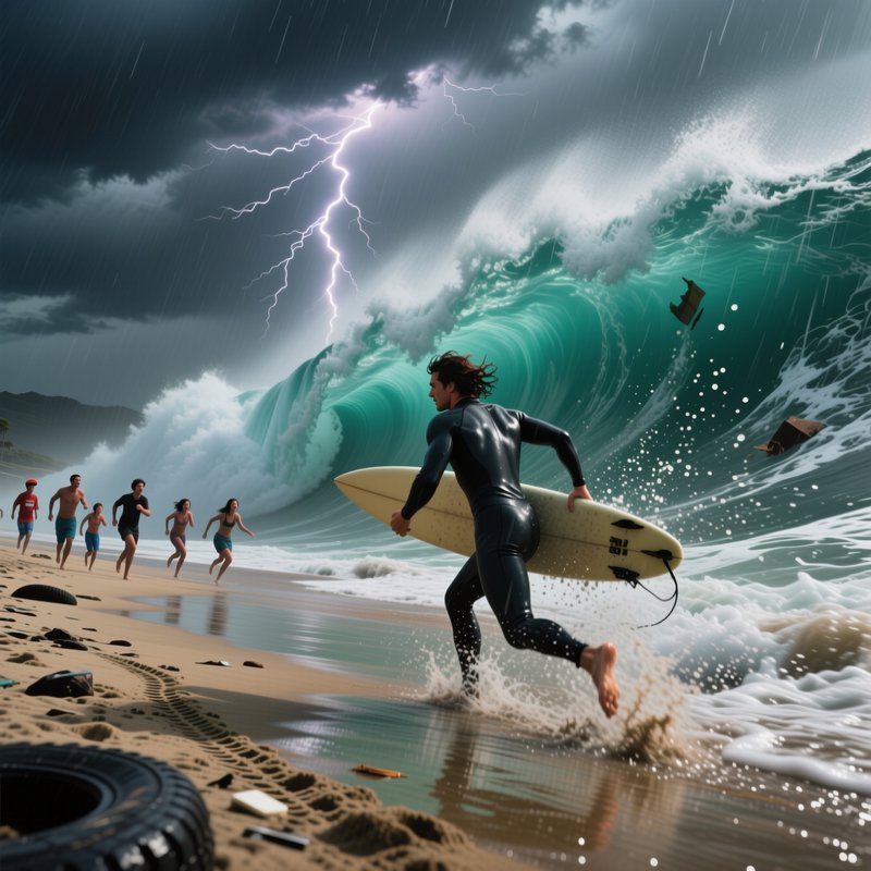 Surfer in a wetsuit sprinting into a giant curling wave during a storm with lightning overhead.