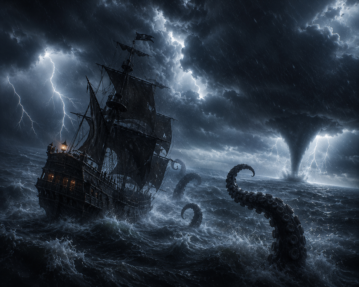 Dark stormy sea with a haunted sailing ship and giant tentacles rising from waves.