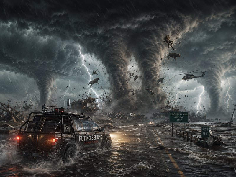 Destructive storm with multiple tornadoes, flying debris, floodwaters, a helicopter, and a rugged...