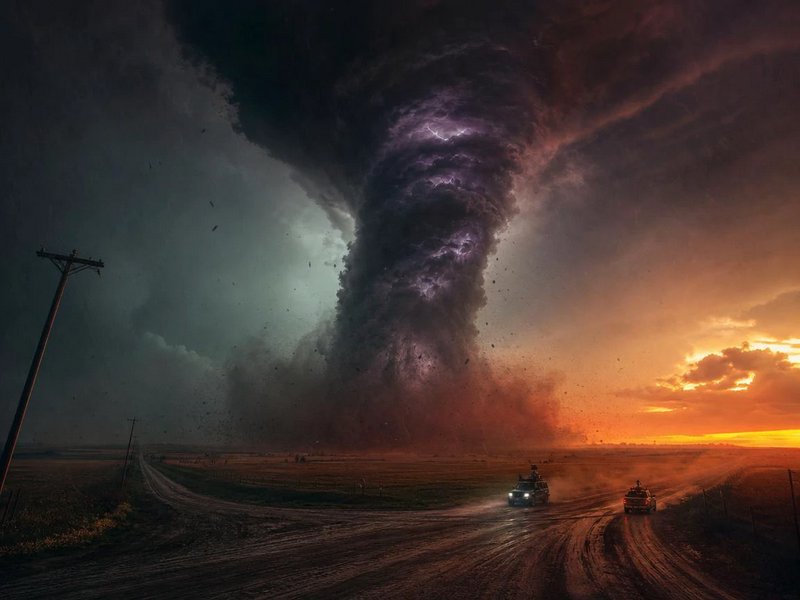 A massive dust tornado spirals over a rural dirt road at sunset with vehicles nearby.