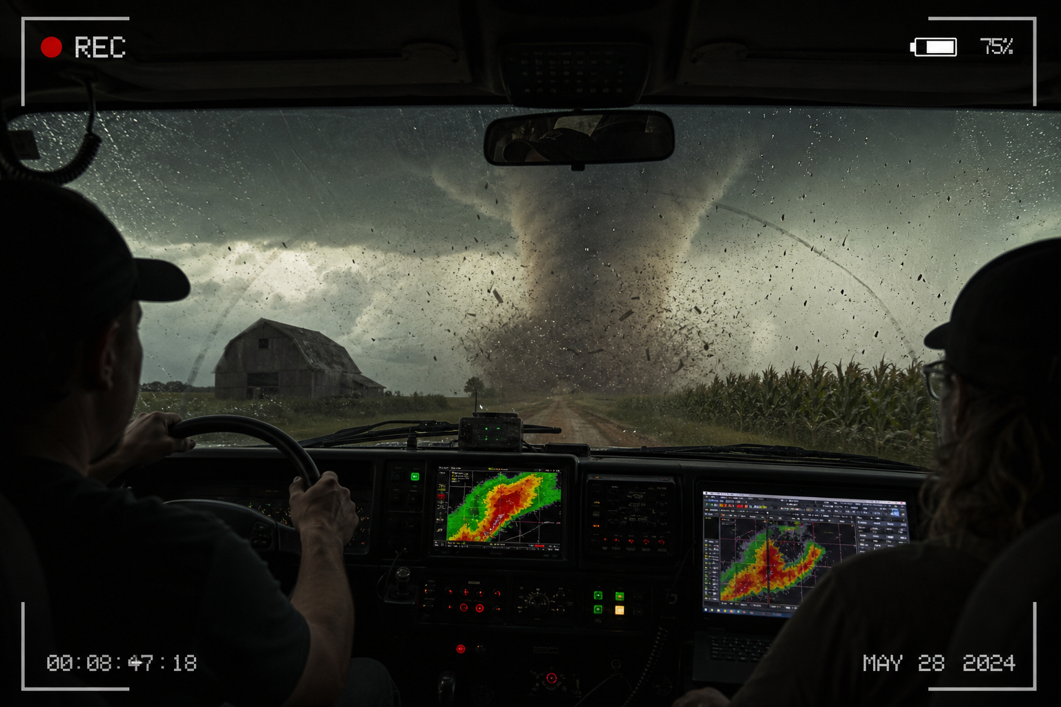 Inside a storm-chasing vehicle with radar screens on, a tornado forms outside a rain-soaked windshield.