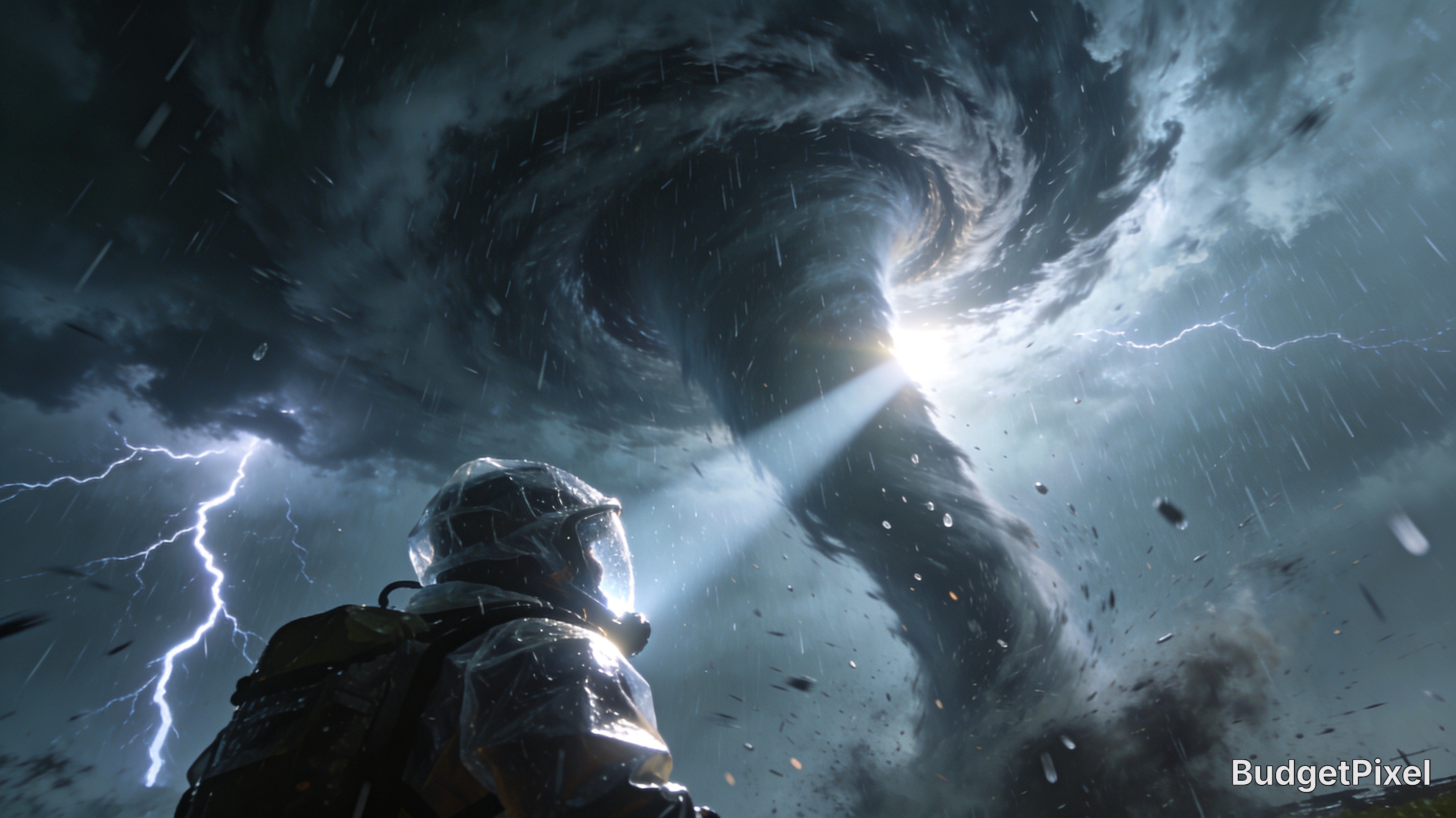 Astronaut in a space suit confronts a massive swirling tornado with lightning and rain.
