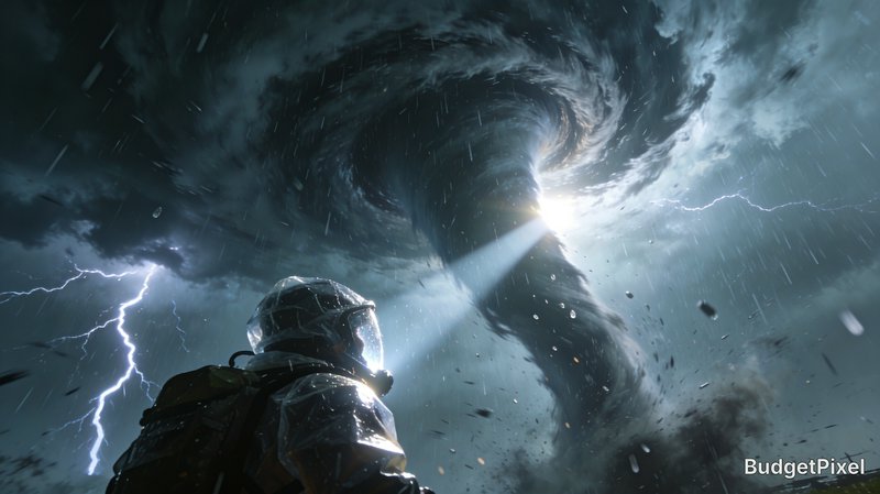 Astronaut in a space suit confronts a massive swirling tornado with lightning and rain.