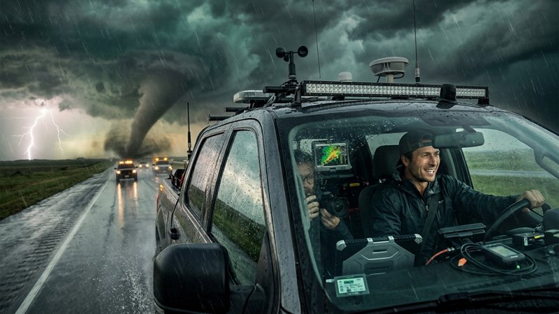 Storm-chasing SUV on a rain-soaked highway as a tornado and lightning strike in the stormy distance.
