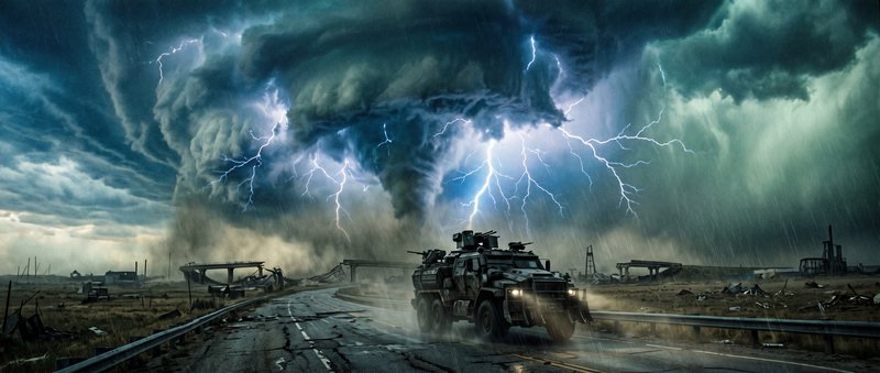 Armored military vehicle on a cracked highway beneath dramatic thunderstorm clouds and vivid ligh...