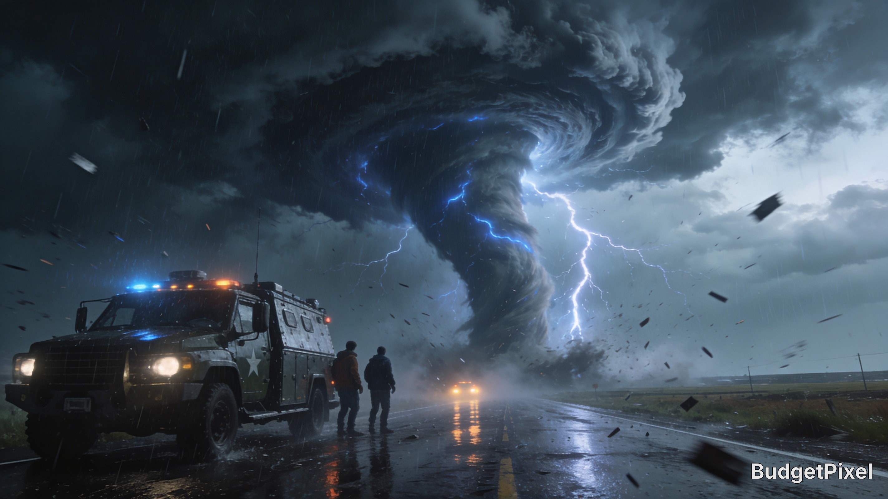 Armored rescue vehicle and two people on a rain-soaked road facing a spiraling tornado with bright lightning.