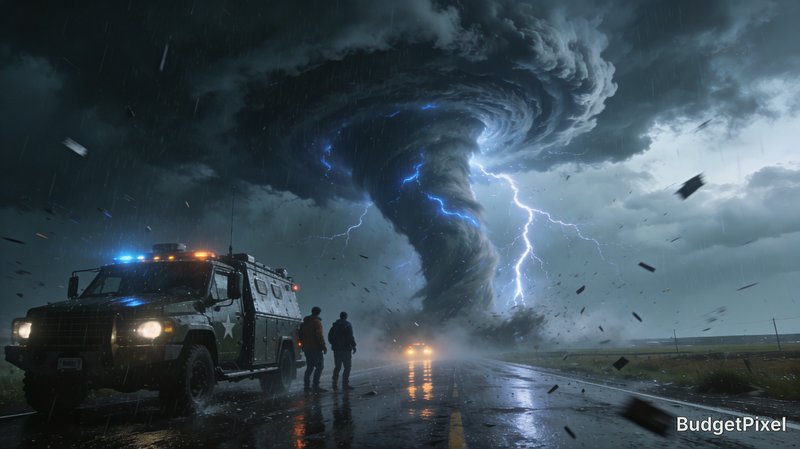 Armored rescue vehicle and two people on a rain-soaked road facing a spiraling tornado with brigh...