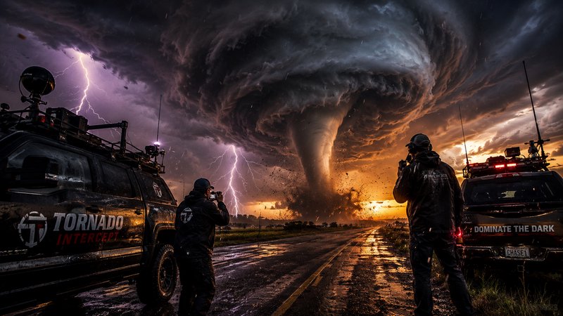 Tornado on a rural road with storm chasers and armored vehicles under dramatic storm clouds.